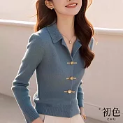 【初色】翻領純色長袖小香風復古扣針織毛衣衫上衣女上衣-藍色-39197(F可選) F 藍色