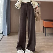 【MsMore】 加絨加厚人字紋毛呢窄版闊腿褲直筒休閒垂感保暖西長褲# 124232 M 咖色