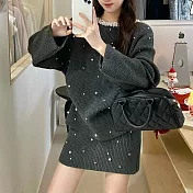 【MsMore】 氣質溫柔套裝絕釘珠毛衣長袖針織半身短裙過年氛圍2件式# 124237 FREE 灰色