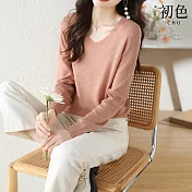 【初色】韓系簡約素色燙鑽薄款V領長袖針織衫上衣女上衣-共5色-37303(F可選) F 粉色