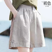 【初色】純色棉麻風寬鬆高腰直筒寬褲五分褲短褲-共3色-33783(M-2XL可選) M 麻色