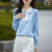 【初色】法式拼色珍珠扣飄帶螺紋娃娃領長袖針織衫上衣女上衣-共3色-37285(F可選) F 天藍色