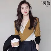 【初色】不規則撞色拼接針織衫打底衫毛衣上衣女上衣-共2色-37199(F可選) F 黃色