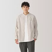 【MUJI 無印良品】男水洗牛津布立領長袖襯衫 M 淺米直紋