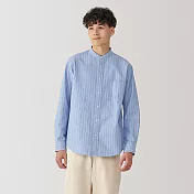 【MUJI 無印良品】男水洗牛津布立領長袖襯衫 XL 淡藍直紋