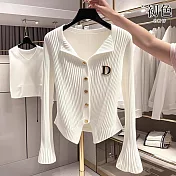 【初色】休閒純色百搭修身翻領喇叭袖長袖針織上衣女上衣-共2色-39517(F可選) F 白色