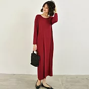 AnZa】圓領莫代爾長袖洋裝連身裙(4色)     M 酒紅