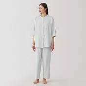 【MUJI 無印良品】女無側縫輕薄紗織七分袖家居睡衣 S 淺藍直紋