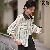 【初色】文藝風暈染條紋拚色薄款長袖襯衫上衣女上衣-暈染條紋-10205(M-2XL可選) M 暈染條紋