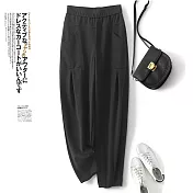 【ACheter】 鬆緊高腰寬鬆燈籠顯瘦百搭洋氣闊腿長褲# 124472 M 黑色