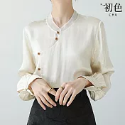【初色】中國風修身寬鬆半立領單排釦燈籠袖長袖襯衫上衣女上衣-杏色-33006(M-2XL可選) M 杏色