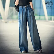 【初色】懷舊復古風高腰寬鬆顯瘦撞色闊腿牛仔褲長褲-藍色-33008(27-32可選) M 藍色