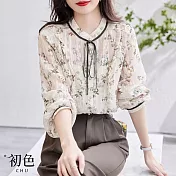 【初色】法式碎花印花半高領襯衫蝴蝶結荷葉邊長袖上衣女上衣-白色-33376(M-2XL可選) M 白色