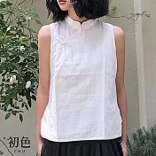 【初色】立領純色無袖寬鬆開衩復古盤釦開襟背心女背心-共2色-33404(M-2XL可選) M 白色