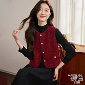 【初色】小香風圓領無袖短款粗花呢背心外套女外套-紅色-10161(M-2XL可選) M 紅色