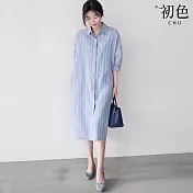【初色】休閒棉麻條紋單排扣POLO領長袖A字裙中長裙連衣裙連身洋裝-共2色-10133(M-2XL可選) M 淺藍色