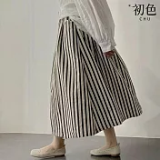 【初色】復古肌理感條紋寬鬆高腰鬆緊腰A字傘裙中長裙半身裙-黑白條紋-10135(M-2XL可選) M 黑白條紋
