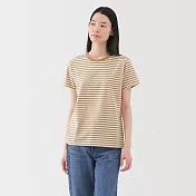 【MUJI 無印良品】女天竺圓領短袖T恤 S 芥黃橫紋