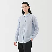 【MUJI 無印良品】女亞麻水洗標準領長袖襯衫 S 藍直紋