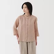 【MUJI 無印良品】女亞麻水洗七分袖套衫 S 煙燻橘直紋