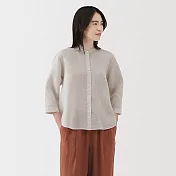 【MUJI 無印良品】女亞麻水洗七分袖套衫 S 淺灰直紋