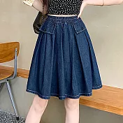 【MsMore】 牛仔純棉洗水五分褲假兩件褲大碼寬鬆闊腿壓皺裙褲# 124391 4XL 深藍色