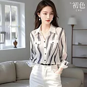 【初色】法式水墨感條紋胸口袋單排扣POLO領長袖襯衫上衣女上衣-條紋-10217(M-XL可選) M 條紋
