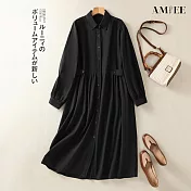 【AMIEE】寬鬆純色棉質長袖連衣裙洋裝(KDDY-9569) M 黑色