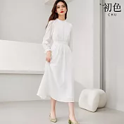 【初色】法式純色圓領刺繡收腰荷葉袖A字裙中長裙連衣裙連身洋裝-白色-10358(M-XL可選) M 白色