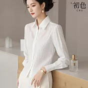 【初色】純色簡約條紋修身百搭翻領長袖襯衫上衣女上衣-白色-10381(M-2XL可選) M 白色