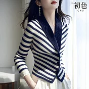 【初色】慵懶風條紋V領長袖修身針織衫上衣女上衣-黑白條紋-10279(F可選) F 黑白條紋
