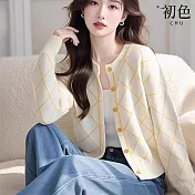 【初色】韓版撞色菱格單排釦長袖針織外套女外套-黃色-10283(F可選) F 黃色