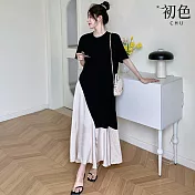 【初色】撞色拼接休閒大馬長洋裝連身裙洋裝-共6款任選-10386(L-3XL可選) 3XL E.黑色