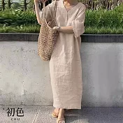 【初色】棉麻風素色V領七分長袖遮肉顯瘦中長連衣裙連身洋裝-共5色-36945(M-4XL可選) M 杏色