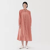 【MUJI 無印良品】女亞麻水洗長袖襯衫式洋裝 M 粉紅