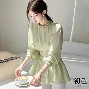 【初色】純色收腰荷葉邊圓領寬鬆長袖襯衫T恤上衣女上衣-綠色-10306(M-XL可選) M 綠色