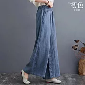 【初色】棉麻文藝風純色口袋鬆緊腰高腰寬鬆直筒闊腿褲休閒褲寬褲長褲-共5色-36804(L-4XL可選) L 藍色