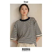 ltyp旅途原品 真絲亞麻棉經典升級條紋T恤休閒拼接撞色短袖上衣女 M L  L 黑杏條紋