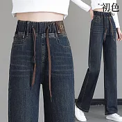 【初色】復古風貼標高腰鬆緊抽繩直筒牛仔褲寬褲長褲-共2色2款-39455(M-4XL可選) M 深藍色-加長款