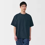 【MUJI 無印良品】男透氣亨利領短袖布帛T恤 S 暗藍