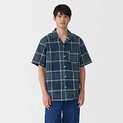 【MUJI 無印良品】男馬杜拉斯格紋開領短袖襯衫 S 深藍格紋