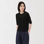 【MUJI 無印良品】女亞麻混網織五分袖針織衫 S 黑色