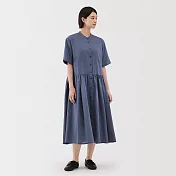 【MUJI 無印良品】女大麻混棉短袖洋裝 S 煙燻藍