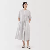 【MUJI 無印良品】女大麻混棉短袖洋裝 L 柔白直紋