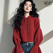 【初色】韓系純色字母蕾絲拼接長袖連帽帽T上衣女上衣-紅色-10336(M-2XL可選) M 紅色