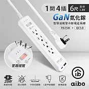 aibo GaN氮化鎵 1開4插PD25W智慧過載警示斷電 延長線/扁插-1.8米(過載警示蜂鳴器)