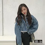 【Jilli~ko】INS風復古寬鬆短款牛仔外套夾克 L-XL J11653  L 藍色