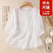 【慢。生活】文藝復古刺繡棉麻圓領上衣 M58 FREE 白色