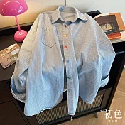 【初色】復古簡約撞色牛仔條紋襯衫上衣女上衣開衫外套-藍色-10781(M-XL可選) M 藍色