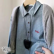 【初色】韓版簡約寬鬆格紋字母單排釦刺繡長袖襯衫女上衣外搭外套-藍灰格紋-10829(M-XL可選) M 藍灰格紋
